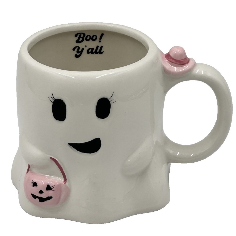 Happy Halloween Ghost Mug 17oz White Pink Ceramic Boo Y'all Pumpkin New